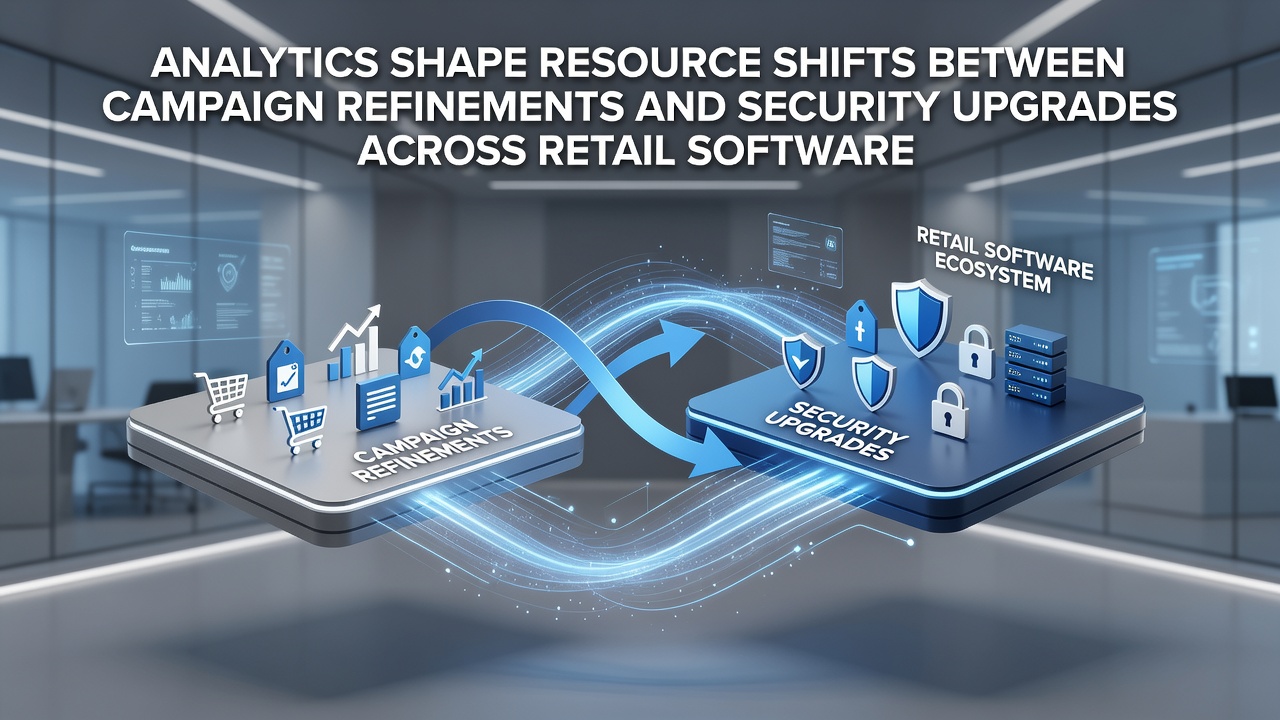 Team reviewing analytics reports on shifts between marketing refinements and cybersecurity upgrades in retail environments