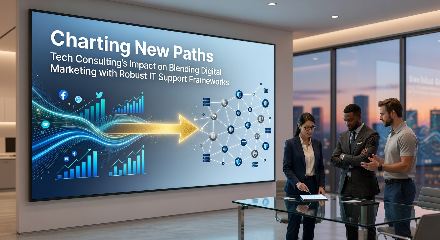 Tech consultants reviewing digital marketing dashboards alongside IT infrastructure diagrams in a modern office setting