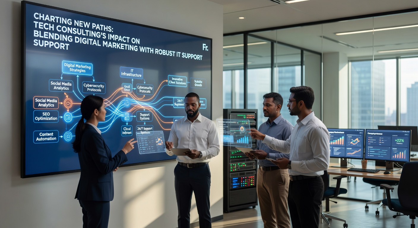 Team collaboration session where tech consultants discuss integration points between marketing platforms and IT support systems