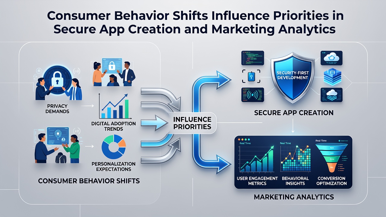 Illustration showing consumer behavior trends impacting app security and analytics dashboards