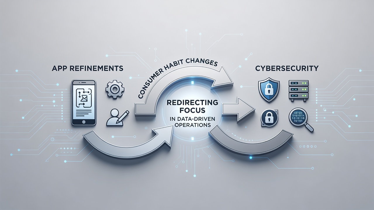 Data-driven dashboards showing resource allocation between app updates and cybersecurity enhancements in retail systems