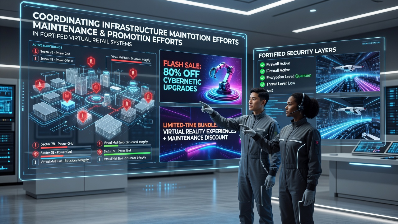 Virtual retail system dashboard showing synchronized maintenance schedules alongside active promotional campaigns in a secure e-commerce environment
