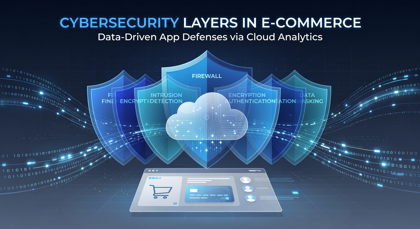 Layered cybersecurity defenses shielding an e-commerce platform from digital threats, visualized as stacked barriers with data flows and cloud icons