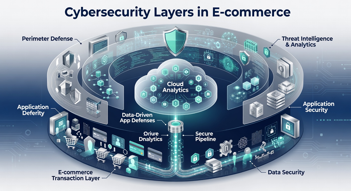 Dynamic cloud analytics dashboard displaying real-time threat visualizations, anomaly graphs, and layered defense metrics for an e-commerce app
