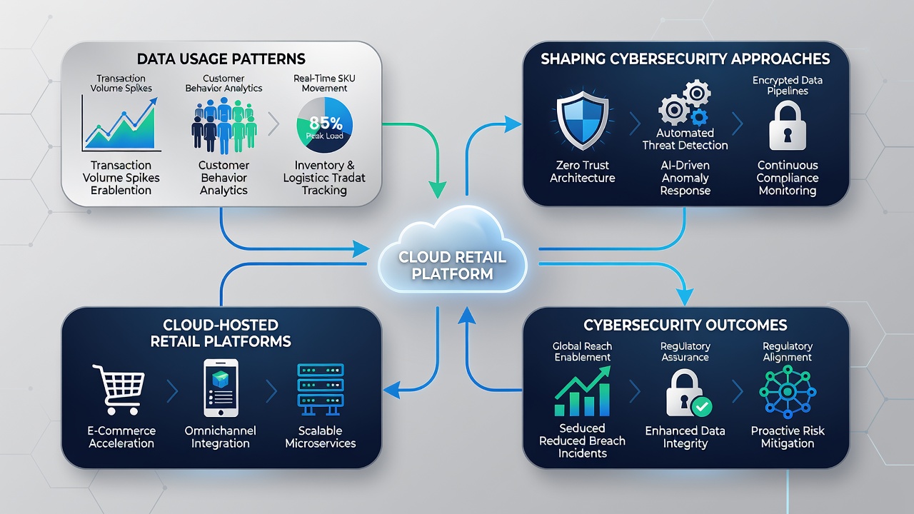 Security analysts reviewing cloud retail data flows on multiple monitoring screens