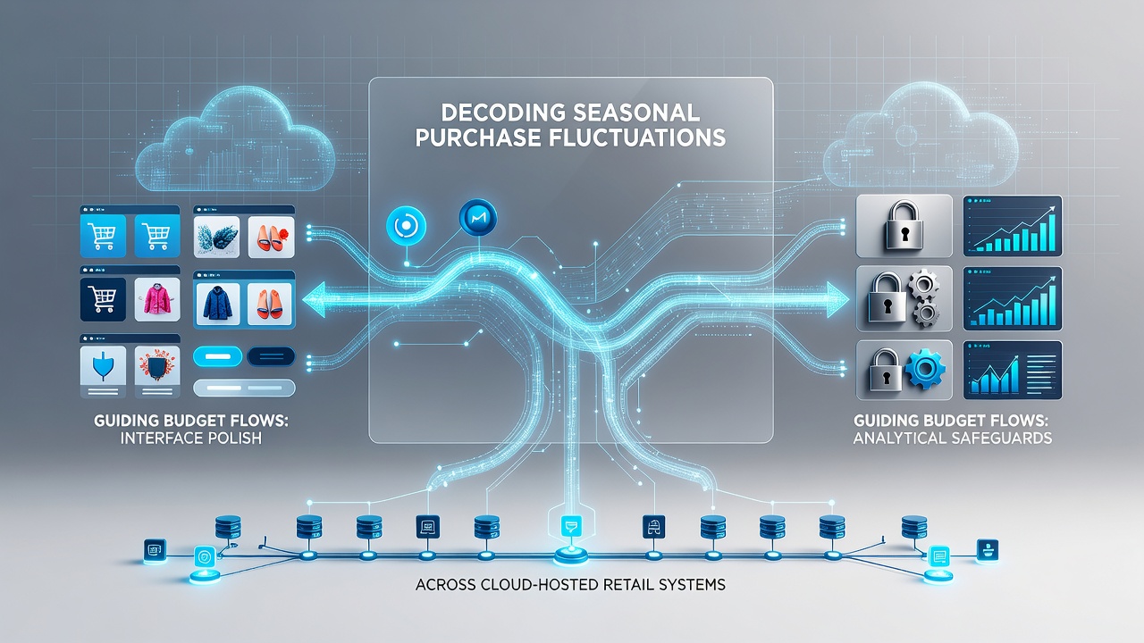 Retail analysts review cloud-hosted dashboards showing seasonal purchase data flows that inform budget decisions between interface refinements and analytical security measures