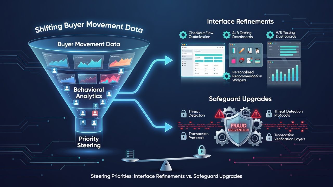 Visualization of buyer movement data flowing through digital retail networks with interface and security icons
