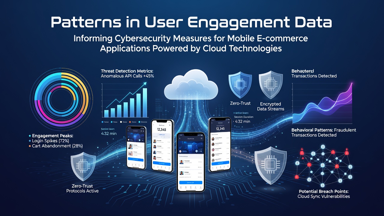 Visualization of user engagement metrics flowing into cloud-based cybersecurity dashboards for mobile retail apps