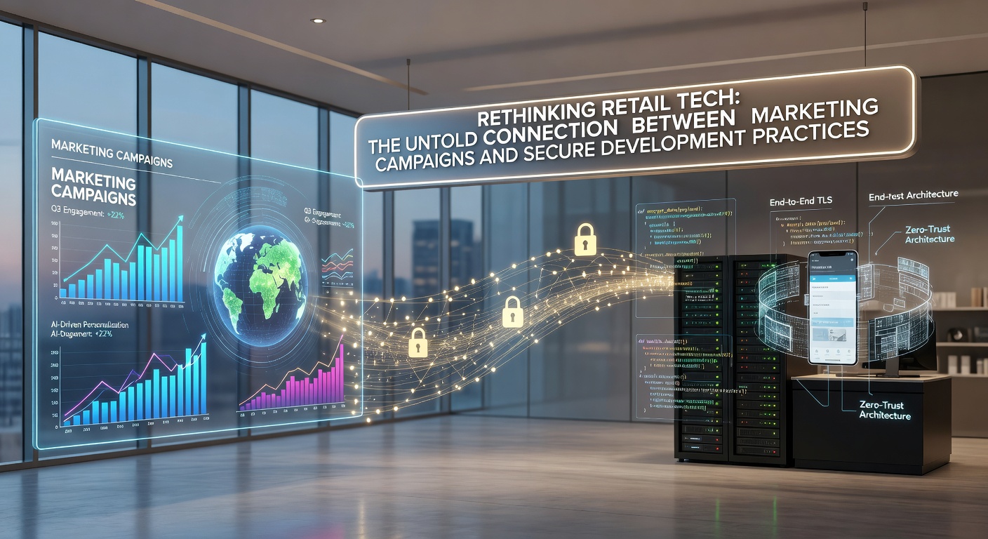 Retail tech professionals reviewing marketing campaign data security protocols on multiple screens in a modern office setting