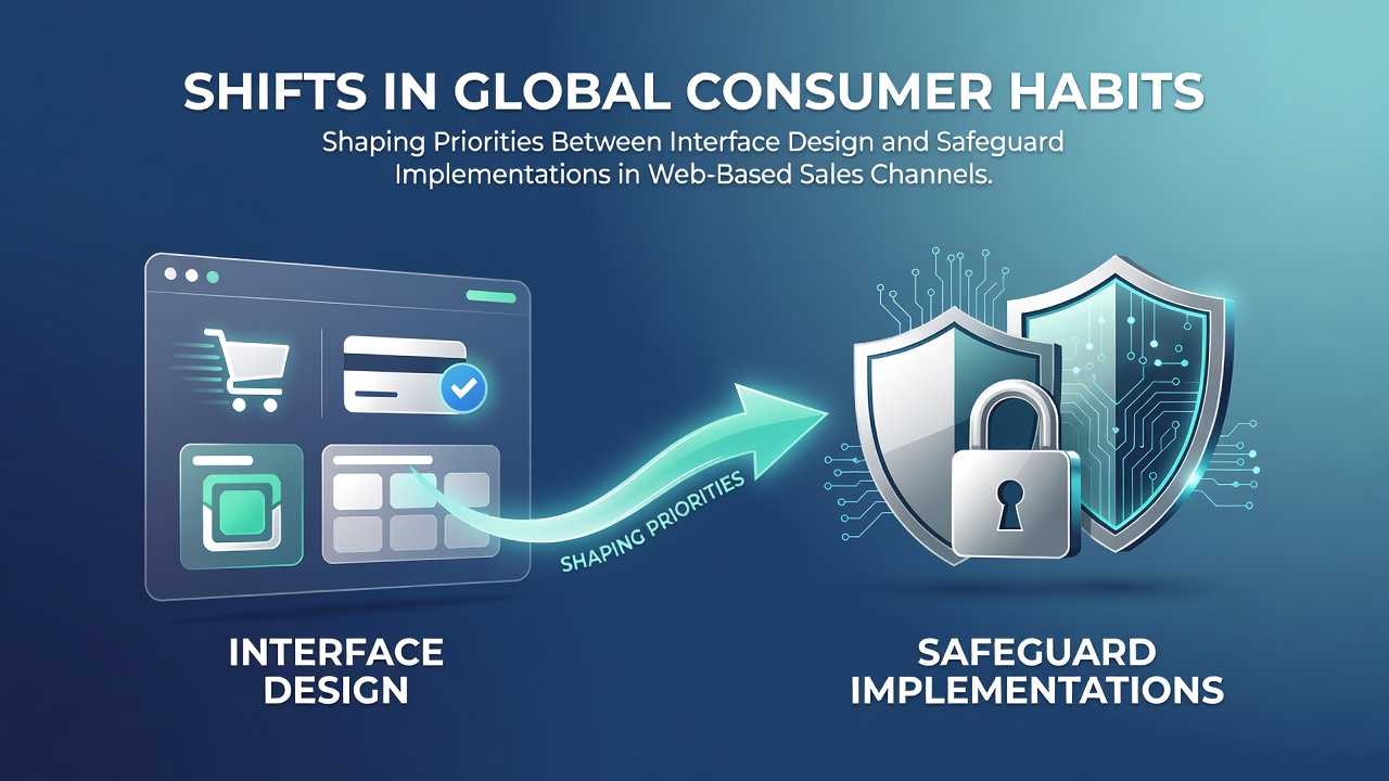 Global consumers interacting with e-commerce platforms on various devices showing interface and security elements