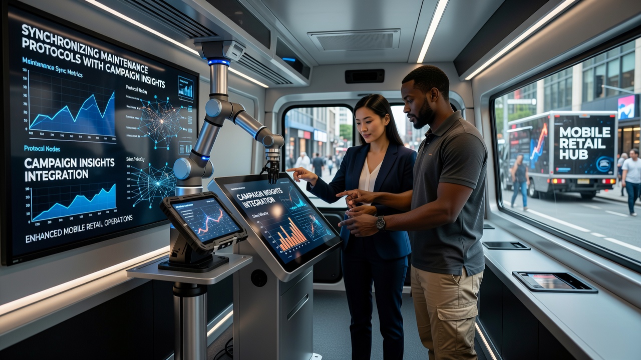 Mobile retail app dashboard displaying synchronized maintenance schedules overlaid with real-time campaign performance metrics and user engagement data