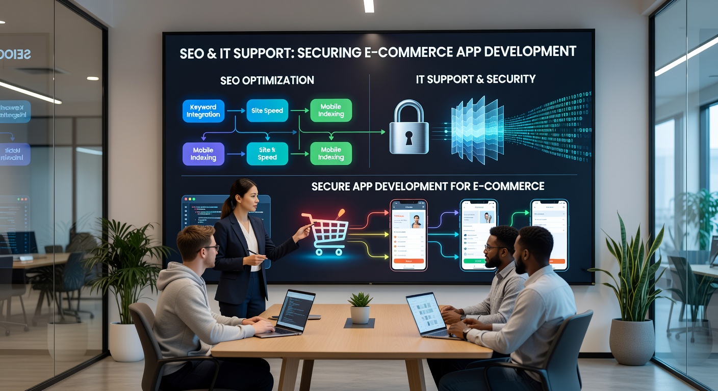 Illustration showing SEO optimization tools integrated with IT security protocols in e-commerce app development