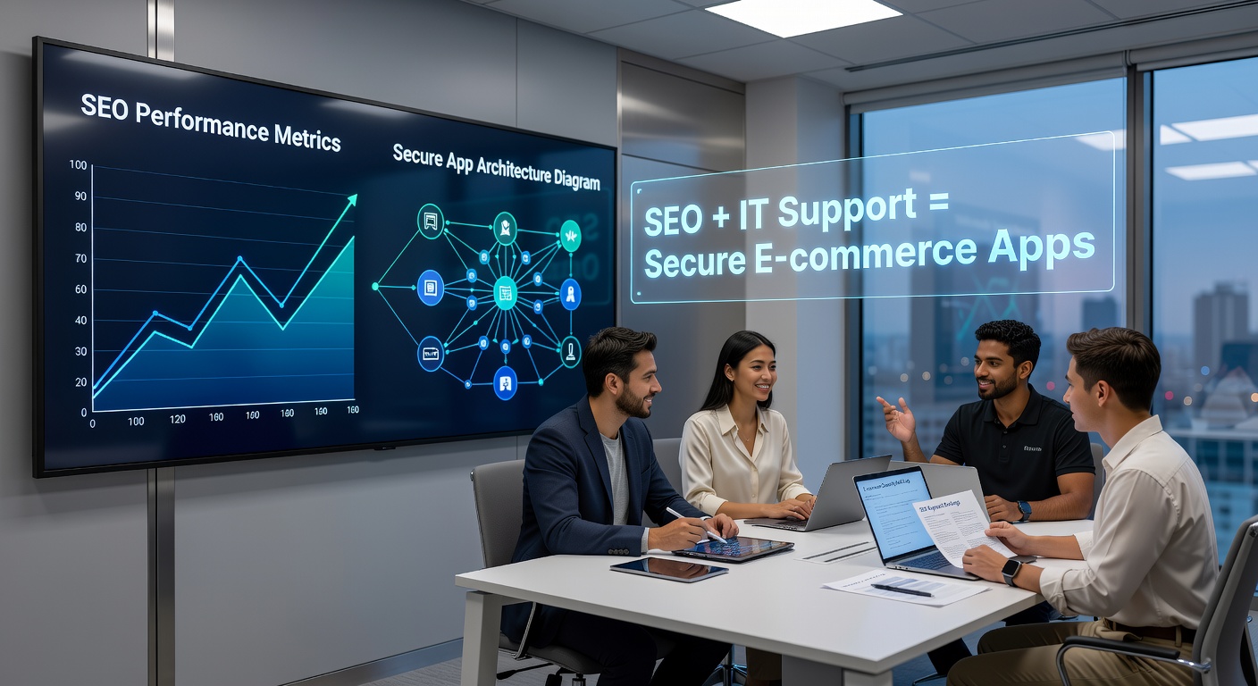 Team collaboration scene with developers reviewing secure code alongside SEO performance dashboards for an e-commerce application