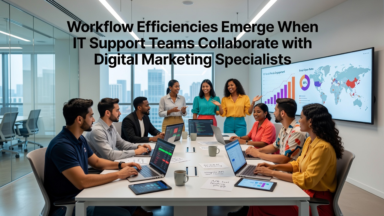 Collaborative session between IT support and digital marketing teams analyzing cybersecurity data for retail platform protection